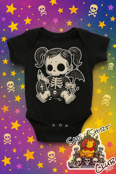 Lil’ Bone Babe – Gothic Skeleton Baby Onesie SadShirtClub