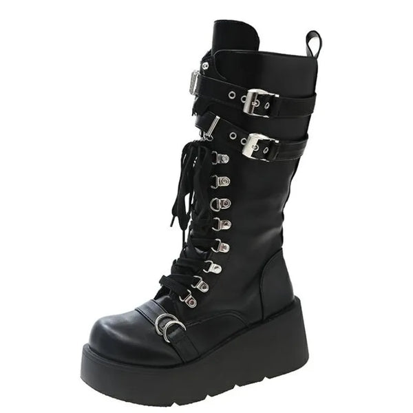 Ashes & Chains: Gothic Platform Buckle Boots (Black)