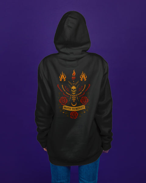 Moth to Misery – Neo-Trad Skull Moth Tattoo Hoodie
