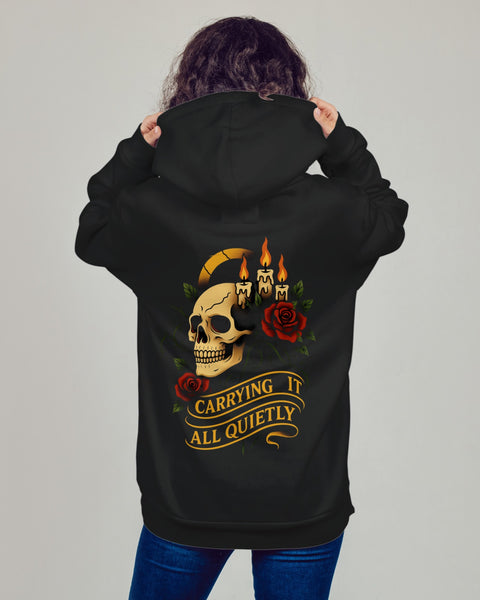Carrying It All Quietly – Neo-Trad Skull & Candles Tattoo Hoodie