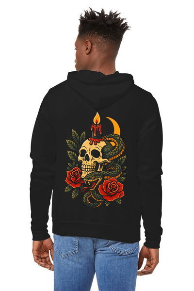 Candle & Serpent – Neo-Trad Skull Tattoo Hoodie