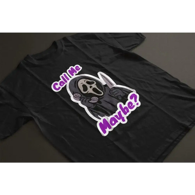 Black Call Me Maybe unisex T-shirt with purple text and graphic of a masked character holding a knife