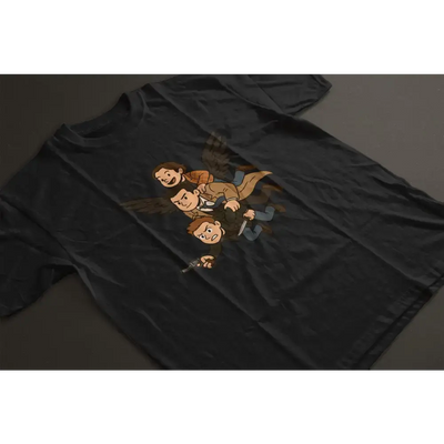 Black unisex T-shirt featuring cartoon Dean, Sam, and Castiel from Supernatural with wings and "Come Fly With Me" theme.