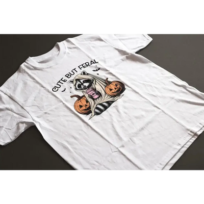 Cute But Feral unisex tee featuring a raccoon with pumpkins, perfect for autumn and casual wear.
