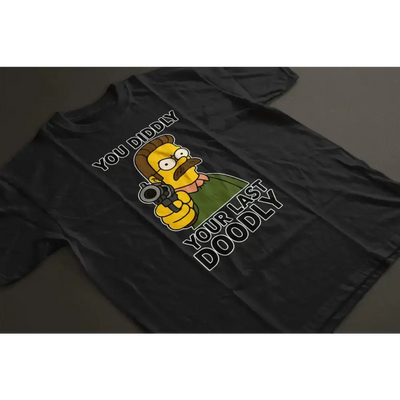 Black Diddly Doodly Unisex T-shirt featuring a bold cartoon character holding a gun with text "You Diddly Your Last Doodly"
