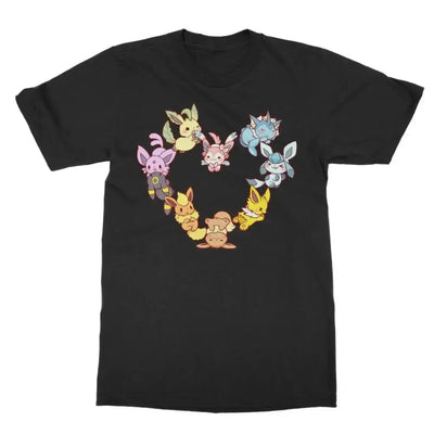 Evo Classic T-Shirt featuring Eevee and its evolutions, perfect for both kids and adults, on a black shirt.