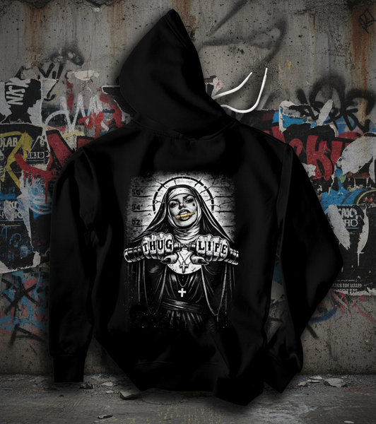 SadShirtClub “Thug Nun” Back Print Hoodie – Heavyweight Black Metal Streetwear