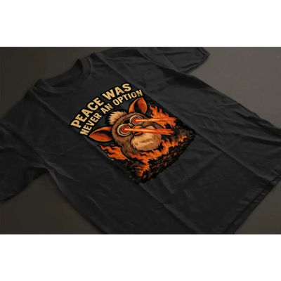 Black Peace Unisex T-shirt with "Peace Was Never an Option" slogan and fiery Furby Overlords graphic design