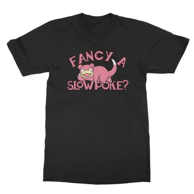 Black SlowPoke Classic Adult T-Shirt with humorous text 'Fancy a Slowpoke?' showcasing the Pokémon character.