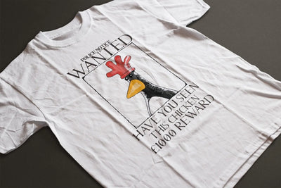 White Wallace and Gromit chicken t-shirt featuring a wanted poster design with a cartoon chicken