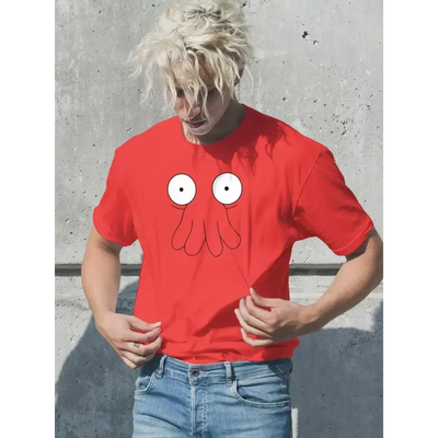Funny Zoidberg t-shirt from Futurama on model, showcasing vibrant red color and whimsical design for adults and kids.