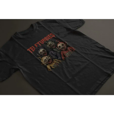 Black Zombietubbies unisex t-shirt featuring creepy zombie cartoon characters and bold text design